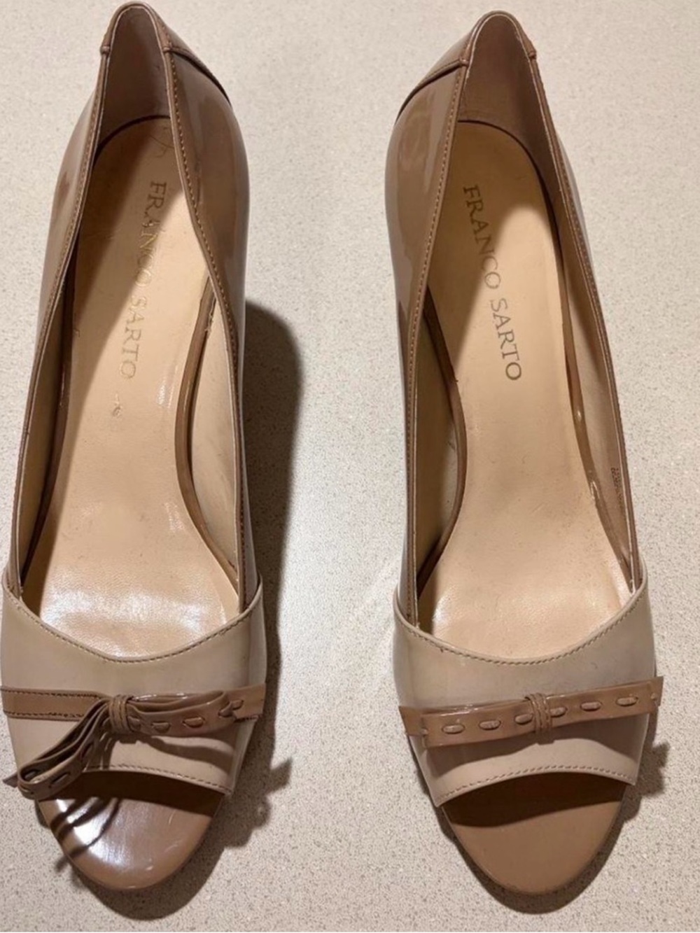 Franco Sarto Nude Tan Peep-Toe Heels with Tassel Detail